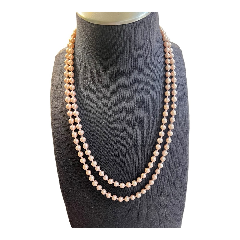 Vintage Monet Jewelry Long Strand of Blush Faux Pearls Necklace 58”